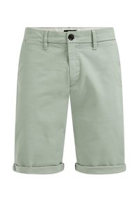 Shorts chino pour homme de couleur vert clair avec fermeture à boutons, passants pour ceinture et ourlets retroussés, vus de face sur un fond blanc.