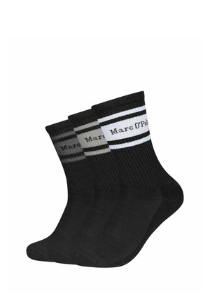 Three pairs of black crew socks with ribbed texture and “Marc O’Polo” logo on the cuff in white, gray, and black stripes.