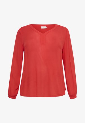 Rød langærmet bluse med V-udskæring og knapfri stolpe. Lavet af letvægtsstof med en glat tekstur og rynkede ærmer ved manchetterne.