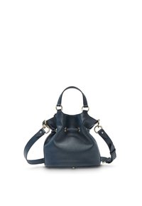 Laukkuneulettinen tummansininen nahkavuori, jossa on kultaiset yksityiskohdat, kaksinkertaiset kahvat ja irrotettava olkahihna. Hienojakoinen pinta ja säädettävä nyörisulku.