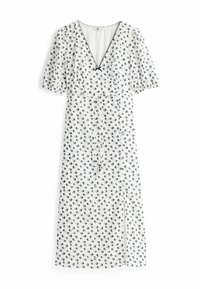 Biała sukienka z granatowym nadrukiem ptaków, dekolt w serek, krótkie bufiaste rękawy, taliowana, z bocznym rozcięciem. Lekki, zwiewny materiał.