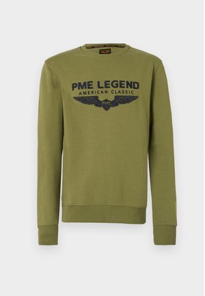 Olivgrüner Sweatshirt mit Rundhalsausschnitt, versehen mit navyblauen Texten und Flügelgrafiken. Gerippte Bündchen und Saum, aus weichem Stoff.