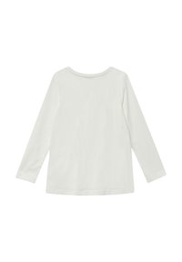 Langarmshirt van zachte witte stof. Heeft een ronde halslijn en een rechte zoom. Glad oppervlak zonder zichtbare patronen of versieringen.