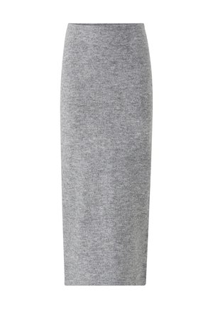 Grå blyantskirt lavet af blødt strikket stof. tætsiddende design med en mellemlang længde og glat tekstur. Ingen synlige mønstre eller accenter.
