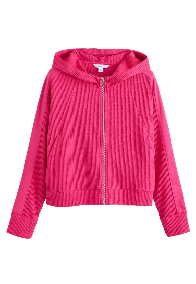 Sweat à capuche zippé fuchsia avec texture côtelée, doté d'une capuche ajustable par cordon, de manches longues et de panneaux de manches unis contrastants.