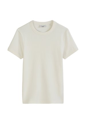 White cotton t-shirt with short sleeves, a round neckline, and a ribbed texture. Simple design with no patterns or accents.