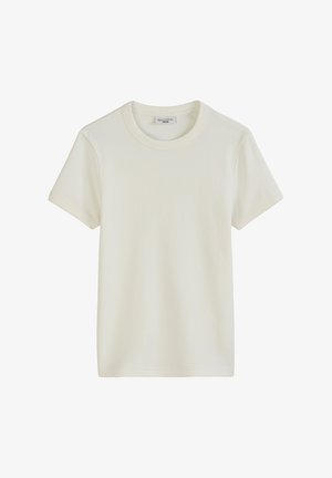 Witte katoenen t-shirt met korte mouwen, een ronde hals en een ribbelstructuur. Eenvoudig ontwerp zonder patronen of accenten.