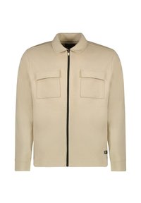 Beige jas met een kraag, ritssluiting aan de voorkant, twee borstzakken en lange mouwen. Glad materiaal met een gestroomlijnde pasvorm en geen zichtbare patronen.