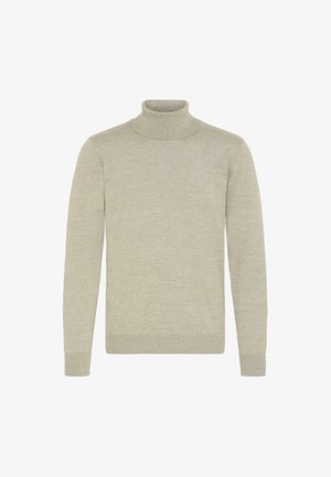 Light grey turtleneck sweater, made from a soft knit material, features long sleeves and ribbed detailing on the collar and hem.