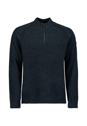 Donkerblauwe herenpullover met een kwart-rits kraag, geribde manchetten en een gestructureerd breipatroon, gemaakt van zacht, warm materiaal.