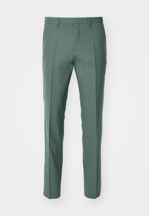 Pantaloni su misura di colore verde tenue, realizzati in tessuto testurizzato, con un design a gamba dritta e sottili pinces anteriori.