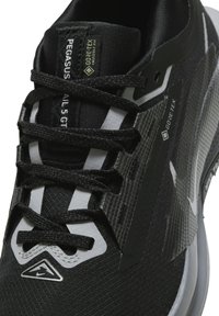 Zwarte hardloopschoen met een gestructureerde mesh bovenkant, contrasterende witte accenten, een Gore-Tex label en platte veters voor een stevige pasvorm.