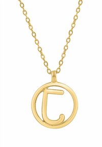 Collar de oro con un colgante circular que presenta un diseño abstracto de "t", textura suave y una cadena compuesta por eslabones ovalados.