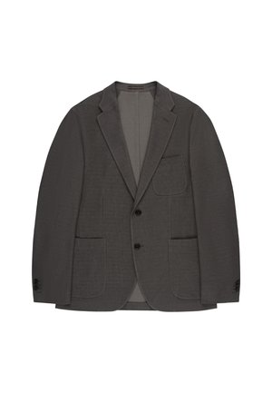 Donkergrijze herenblazer met ingesneden revers, twee knopen aan de voorkant, drie opgestikte zakken en knoopmanchetten, plat gelegd op een witte achtergrond.