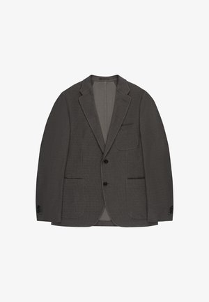 Dark gray men's blazer with notched lapels, two front buttons, three patch pockets, and buttoned cuffs, laid flat on a white background.