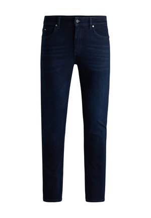 Jeans din denim de culoare bleumarin, cu o croială dreaptă, cinci buzunare, cusături cusute și o închidere clasică cu buton și fermoar.