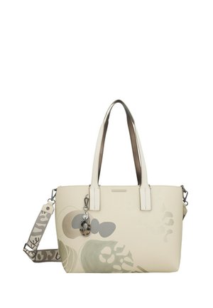 Borsa a mano color crema con doppi manici, tracolla removibile con motivo decorativo, design astratto a foglie e portachiavi decorativo in metallo.