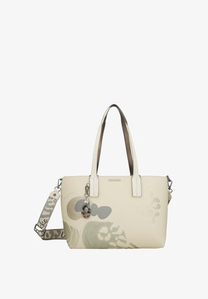 Borsa a mano color crema con doppi manici, tracolla removibile con motivo decorativo, design astratto a foglie e portachiavi decorativo in metallo.