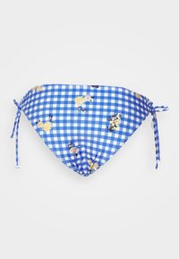 Parte de baixo de biquíni de gingham azul com padrões florais e fechos de amarração na lateral. Feita de um tecido elástico com uma textura suave.