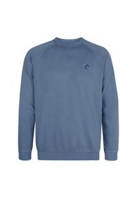 Blå sweatshirt med rund hals, ribbede manchetter og kant. Har et lille rundt logo på brystet og en glat, struktureret overflade.