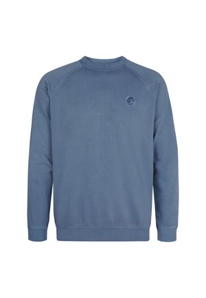 Blaues Sweatshirt mit Rundhalsausschnitt, gerippten Bündchen und Saum. Mit kleinem, rundem Logo auf der Brust und einer glatten, strukturierten Oberfläche.