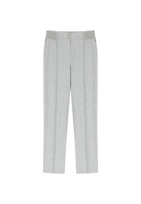 Pantalons taillés gris clair en tissu tissé. Ils présentent une texture lisse, deux boutons à l'avant et deux plis à l'avant pour une touche de détail supplémentaire.