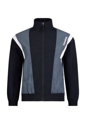 Giacca a tutta zip nera e grigia con colletto alto, polsini ed orlo elasticizzati, dettagli bianchi sulle spalle e logo "Rossignol" sul petto.