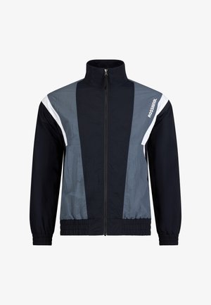 Zwart-grijze jas met volledige ritssluiting, hoge kraag, elastische manchetten en zoom, witte accenten op de schouders en "Rossignol"-logo op de borst.