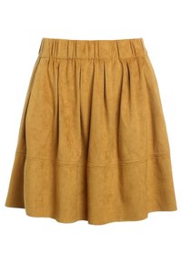 Falda de ante en color mostaza, con una amplia cinturilla elástica, diseño plisado y silueta acampanada. Textura suave sin patrones.