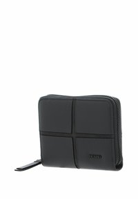 Portefeuille en cuir noir à surface texturée, doté d'une fermeture éclair, d'un design cousu à quatre panneaux et d'un logo embossé sur le côté.