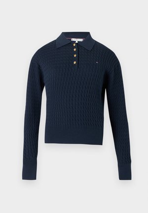 Pull polo en tricot bleu marine avec un motif texturé, doté d'un col, de quatre boutons dorés, et d'un petit logo sur le côté gauche.