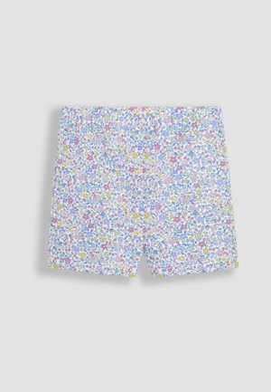 Ziedu peldbikses ar baltu fona krāsu un krāsainu mazu zilu, rozā un dzeltenu ziedu rakstu; elastīga jostasvieta.