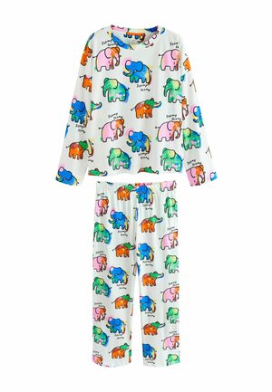 Cotton pajama set featuring a long-sleeve top and elastic waistband pants. Both pieces have a white background with colorful elephant patterns.