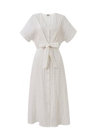 Weißes, mittel-langes Kleid mit kurzen, breiten Ärmeln, strukturiertem Stoff, V-Ausschnitt, vorderen Knöpfen und einem gebundenen Gürtel in der Taille.