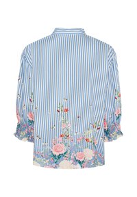 Blå og hvide stribet skjorte med blomsterdesign ved kanten. Har puffede ærmer med elastiske manchetter og krave. Bomuldsmateriale.