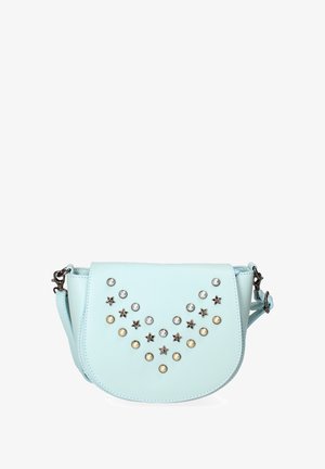 Light blue leather crossbody bag with a flap closure, featuring silver and gold studs arranged in a star pattern. Adjustable strap included.