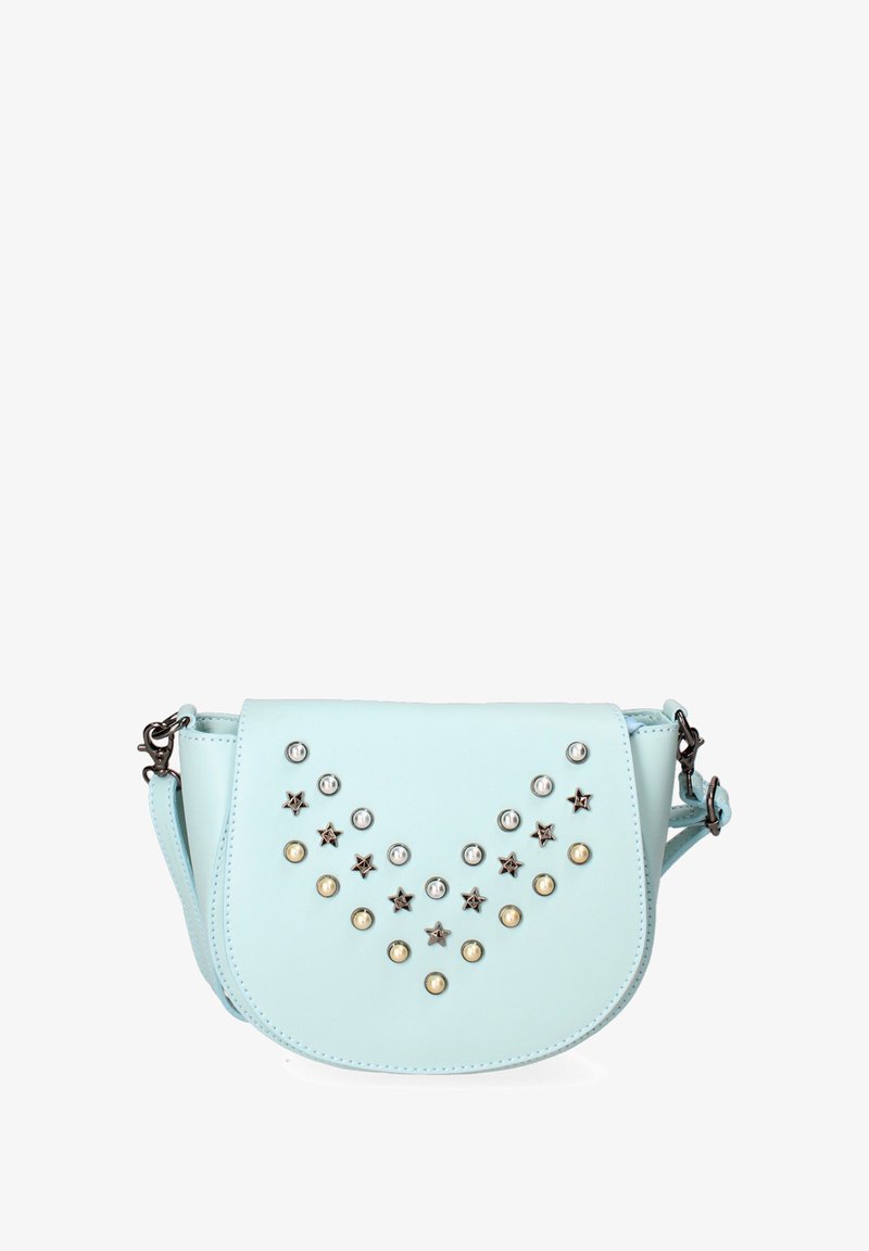 Light blue leather crossbody bag with a flap closure, featuring silver and gold studs arranged in a star pattern. Adjustable strap included.