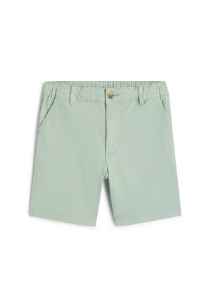 Heledad rohelised lühikesed püksid, mis on valmistatud siledast kangast, elastse vöökohaga, esitaskutega ja õrna nupuga vöökohal.