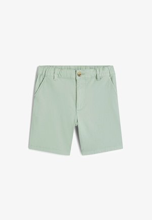 Svetlozelené šortky z hladkej látky s elastickým pásom, prednými vreckami a jemným gombíkovým detailom v páse.