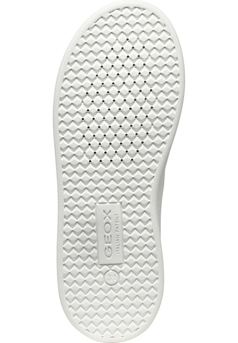 Semelle en caoutchouc blanc pour sneaker avec une surface texturée en motif diamant et des trous de ventilation, arborant le logo en relief "GEOX ITALIAN PATENT".