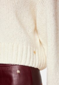 Cremfarbener Strickpullover mit geripptem Saum und einem kleinen goldenen Akzent, kombiniert mit einem bordeauxfarbenen Lederrock mit passender Hardware.
