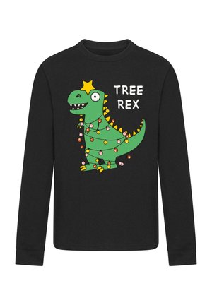 Sort langærmet skjorte med en tegneserieagtig grøn dinosaur viklet ind i julelys og en gul stjerne på hovedet med teksten "TREE REX."