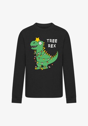 Schwarzes Langarmshirt mit einem gezeichneten grünen Dinosaurier, der in Weihnachtslichter gehüllt ist und einen gelben Stern auf dem Kopf trägt, mit dem Text "TREE REX."