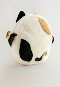 Rundes, weiches Täschchen aus cremefarbener, schwarzer und brauner Stoff. Mit Tierohren und einem gemusterten Tragegurt. Reißverschluss oben.