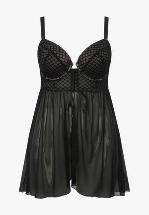 Černá noční košile s průhledným síťovaným živůtkem s diamantovým vzorem, podprsenkovými košíčky, nastavitelnými ramínky a splývavou sukní.
