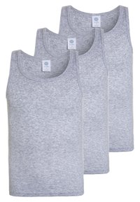 Three grey cotton tank tops with a soft texture, featuring a round neckline and wide shoulder straps. Labels sewn at the back.