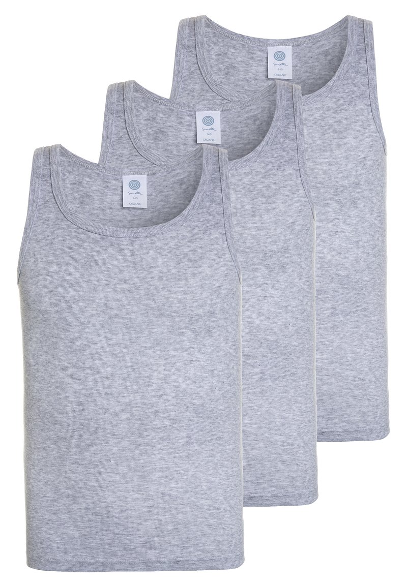 Three grey cotton tank tops with a soft texture, featuring a round neckline and wide shoulder straps. Labels sewn at the back.