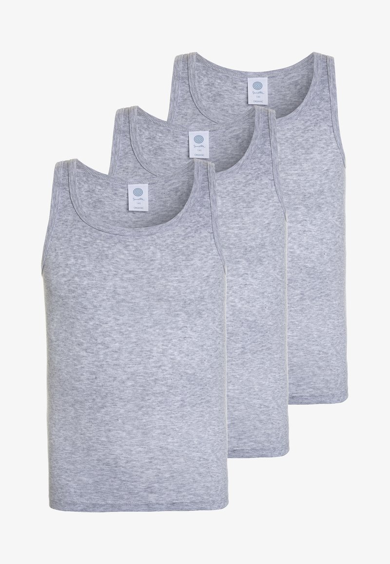 Three grey cotton tank tops with a soft texture, featuring a round neckline and wide shoulder straps. Labels sewn at the back.