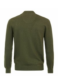 Oliwkowy sweter z długim rękawem, wykonany z dzianiny, z okrągłym dekoltem, cechujący się gładkim wykończeniem oraz ściągaczami przy rękawach i u dołu.