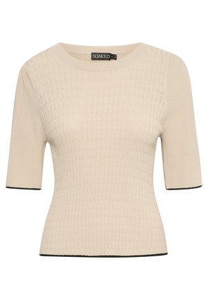 Beež kudumisega lühikeste varrukatega topp, millel on tekstureeritud soonikustruktuur ja must äär kaelaauku ning varrukatele. Igapäevane disain.